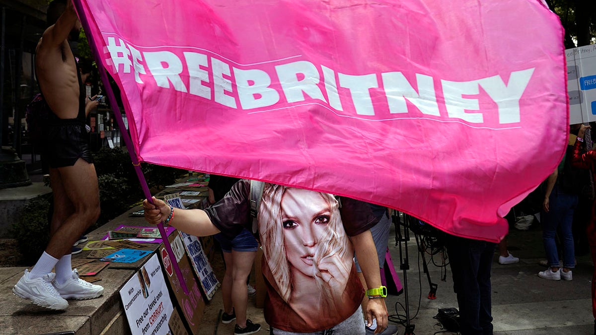 A Britney Spears supporter waves a "Free Britney" flag outside a court hearing concerning the pop singer's conservatorship at the Stanley Mosk Courthouse, Wednesday, June 23, 2021, in Los Angeles, Calif. (AP Photo/Chris Pizzello)