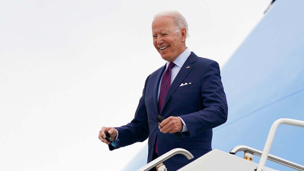 President Joe Biden arrives on Air Force One at La Crosse Regional Airport Tuesday, June 29, 2021, in La Crosse, Wis. (AP Photo/Evan Vucci)