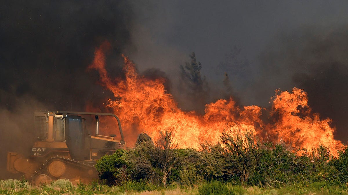 A bulldozer operator works on a fire line as vegetation burns nearby at the Lava Fire on Monday, June 28, 2021, north of Weed, Calif.  Officers shot and killed a man who pulled a gun as they tried to keep him out of a complex of marijuana farms in an area of far Northern California where thousands of people have been ordered to evacuate because of a raging wildfire.  (Scott Stoddard/Grants Pass Daily Courier via AP)