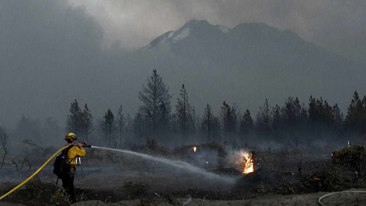 With Mount Shasta in the background, a firefighter cools down hot spots on Monday, June 28, 2021, after the Lava Fire swept through the area north of Weed, Calif. (Scott Stoddard/Grants Pass Daily Courier via AP)