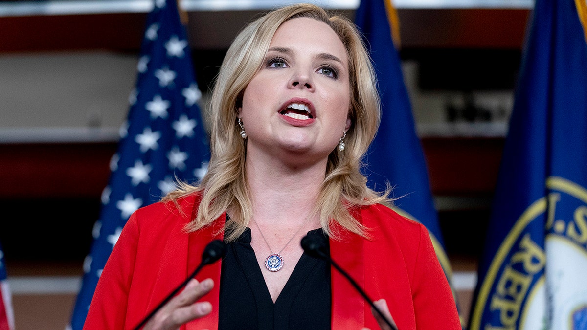 Rep. Ashley Hinson, R-Iowa, speaks at a news conference on Capitol Hill in Washington, Tuesday, June 15, 2021.