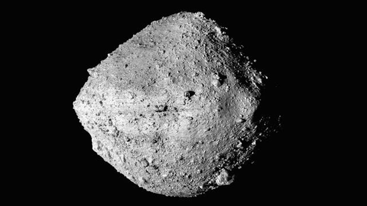A mosaic image of asteroid Bennu, composed of 12 PolyCam images
