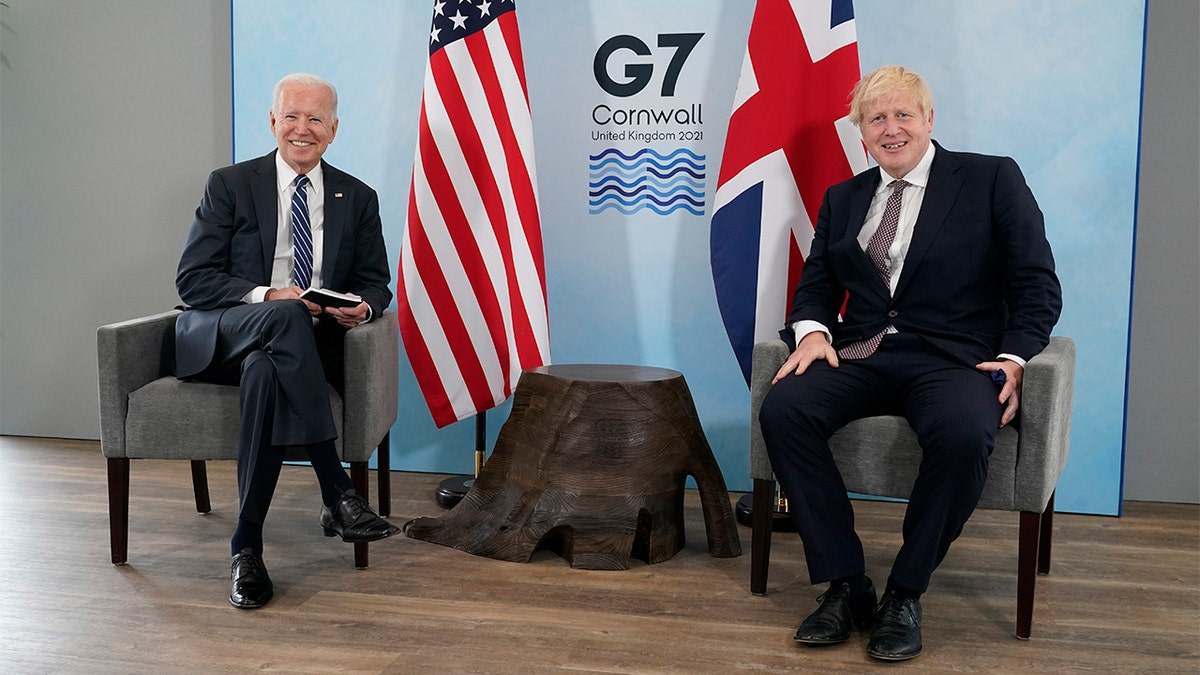 President Biden and British Prime Minister Boris Johnson visit during a bilateral meeting ahead of the G-7 summit, Thursday, June 10, 2021, in Carbis Bay, England. 