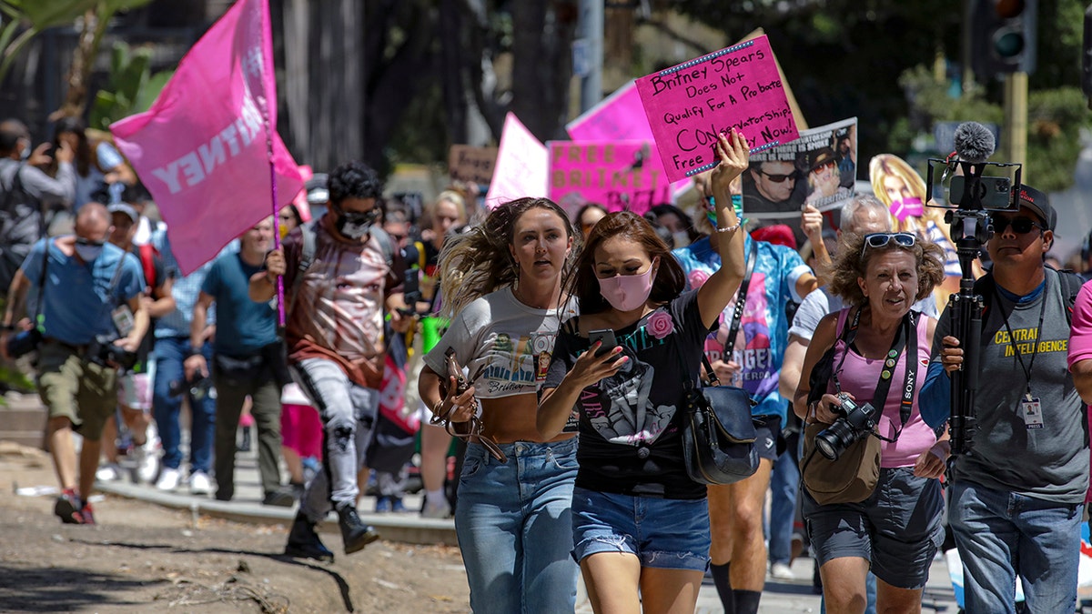 Supporters of Britney Spears rally as hearing on the Britney Spears conservatorship case takes place Stanley Mosk Courthouse on Wednesday, June 23, 2021 in Los Angeles.