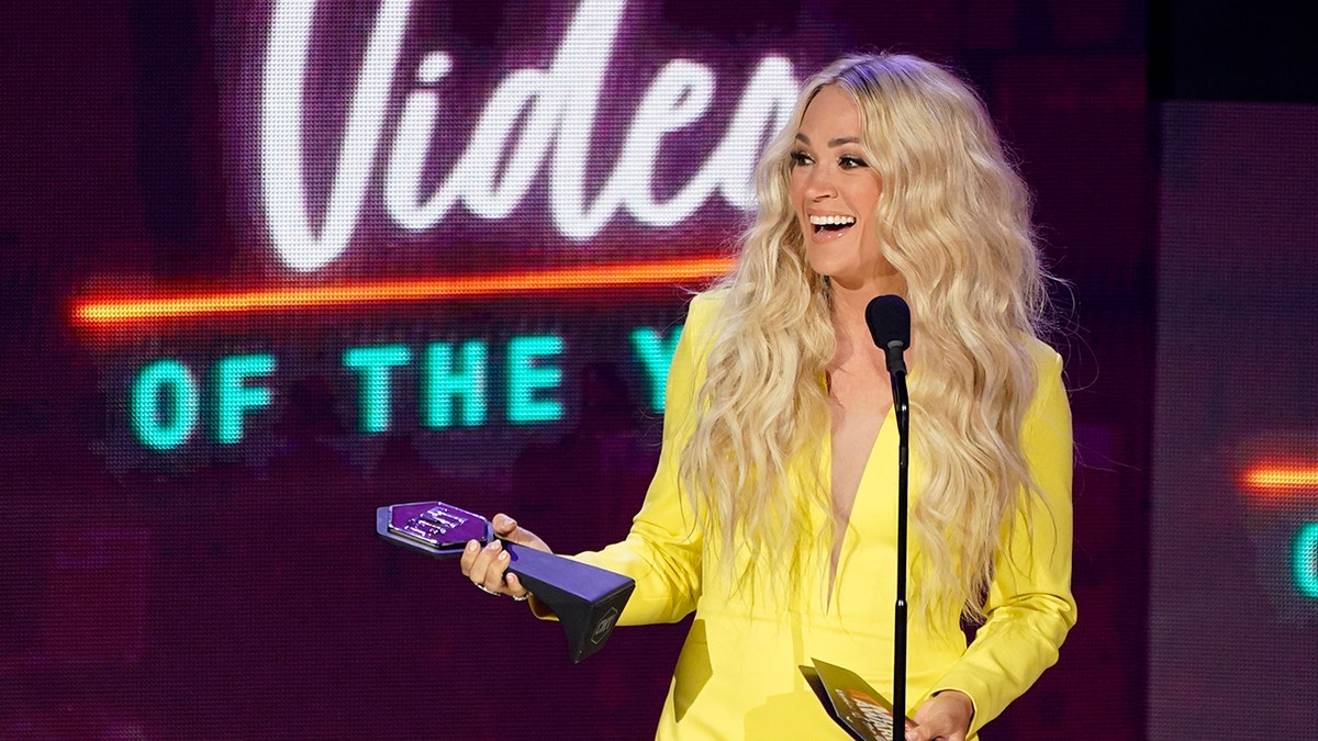 Carrie Underwood accepts the award for video of the year for "Hallelujah" at the CMT Music Awards at the Bridgestone Arena on Wednesday, June 9, 2021, in Nashville, Tenn. (AP Photo/Mark Humphrey)