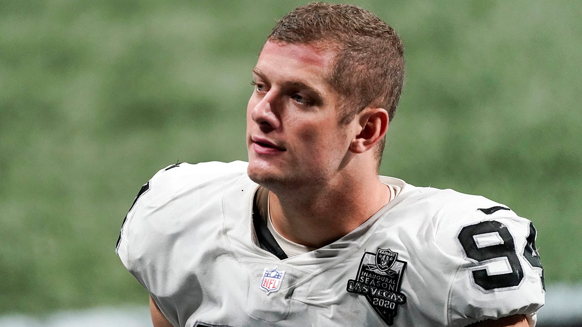 Las Vegas Raiders defensive end Carl Nassib leaves the field after a game against the Atlanta Falcons in Atlanta. Nassib became the first active NFL player to come out as gay.