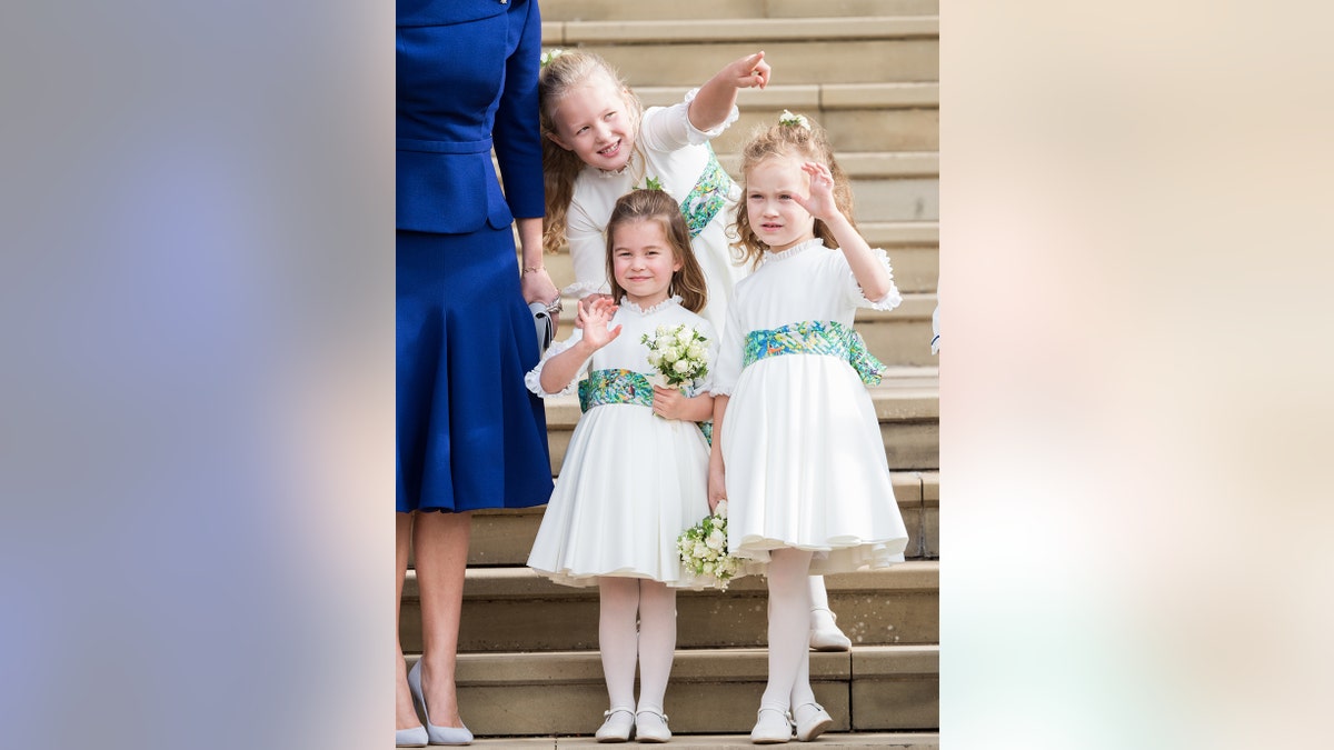 From left: Bridesmaids Princess Charlotte of Cambridge, Savannah Phillips and Maud Windsor after the wedding of Princess Eugenie of York and Jack Brooksbank at St. George's Chapel on October 12, 2018, in Windsor, England. 