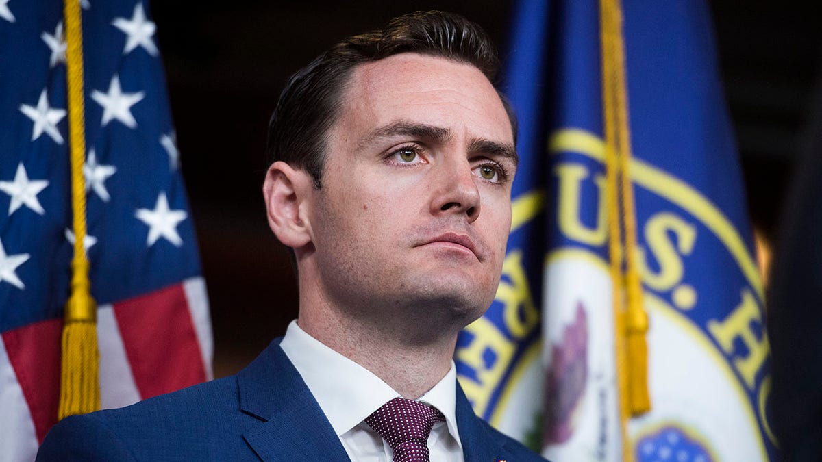 Rep. Mike Gallagher, R-Wis., conducts a news conference after a meeting off the House Republican Conference in the Capitol Visitor Center on Tuesday, June 4, 2019. Gallagher led a group of House Republicans Friday in pushing for more transparency on the CDC's goals and data behind its new masking guidance. (Photo By Tom Williams/CQ Roll Call)