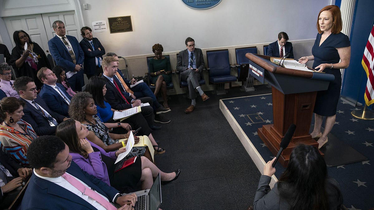 Jen Psaki, White House press secretary, speaks during a news conference in the James S. Brady Press Briefing Room at the White House in Washington, D.C., on Tuesday, June 8, 2021. Photographer: Sarah Silbiger/Bloomberg via Getty Images
