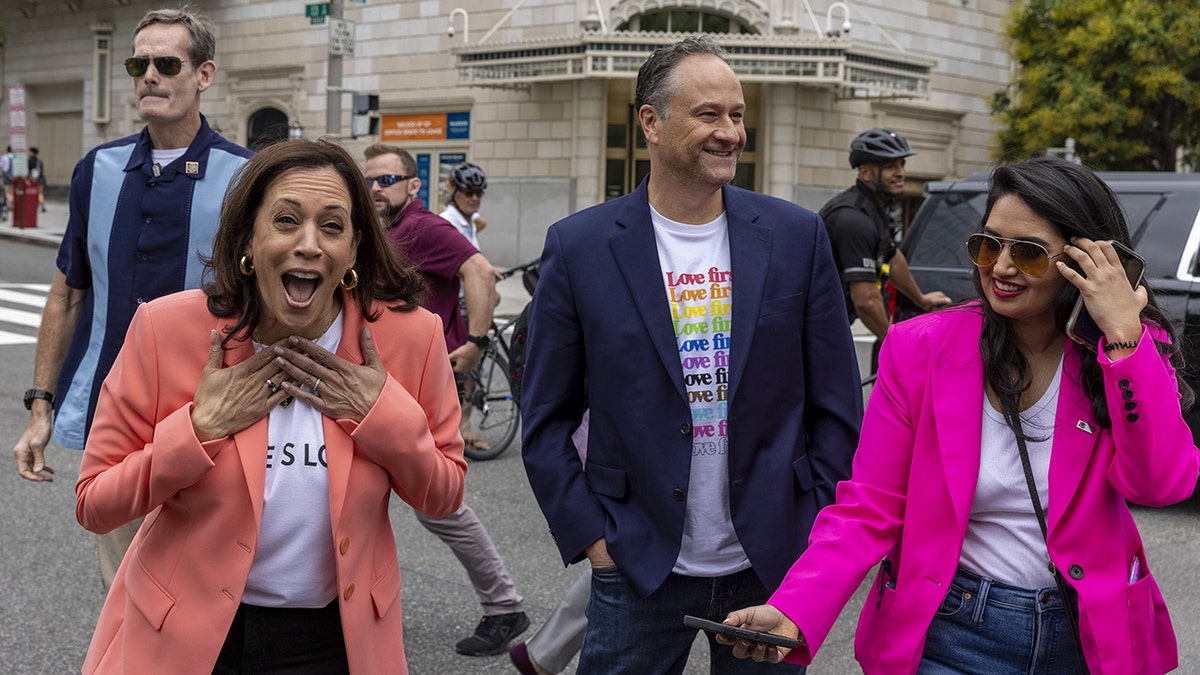 Vice President Kamala Harris, left, and second gentleman Douglas Emhoff, center, attend the Capitol Pride Walk and Rally in Washington, D.C., on Saturday, June 12, 2021. (Getty Images)