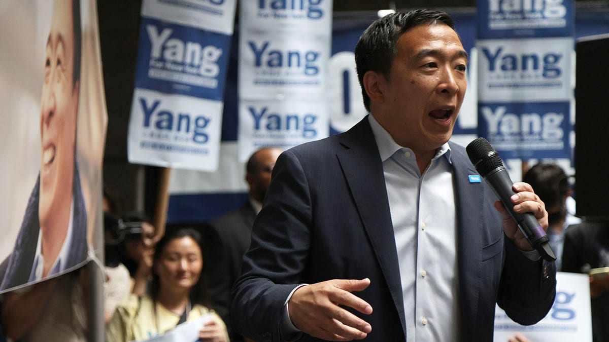 Democratic mayoral candidate Andrew Yang speaks to voters during a campaign rally June 13, 2021 in New York, New York.  (Photo by Alex Wong/Getty Images)