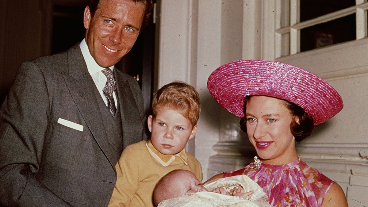 Princess Margaret (1930 - 2002) with Lord Snowdon and Viscount Linley at Kensington Palace shortly after the birth of her daughter, Lady Sarah Armstrong-Jones.