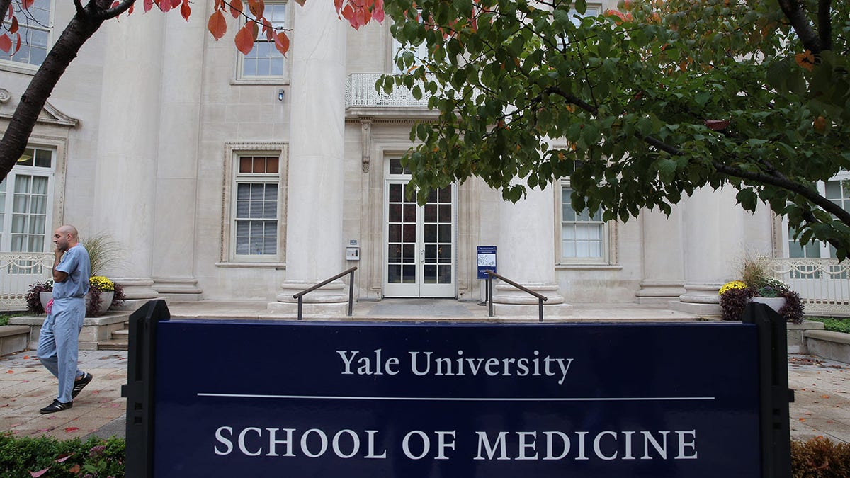 A scene outside the Sterling Hall of Medicine near Yale New Haven Hospital in New Haven, Connecticut.