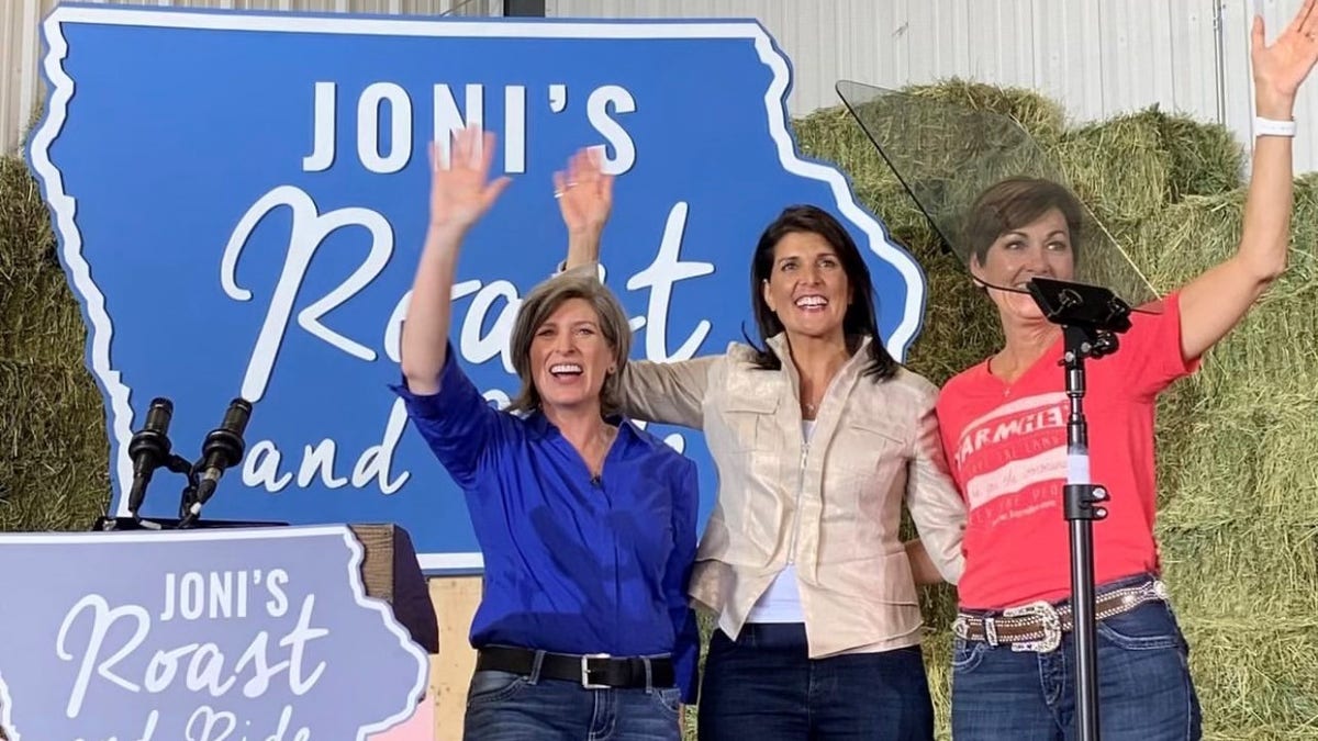 Former U.S. ambassador to the United Nations Nikki Haley joins Sen. Joni Ernst of Iowa and Iowa Gov. Kim Reynolds at a political event in Boone, Iowa in June of 2019.