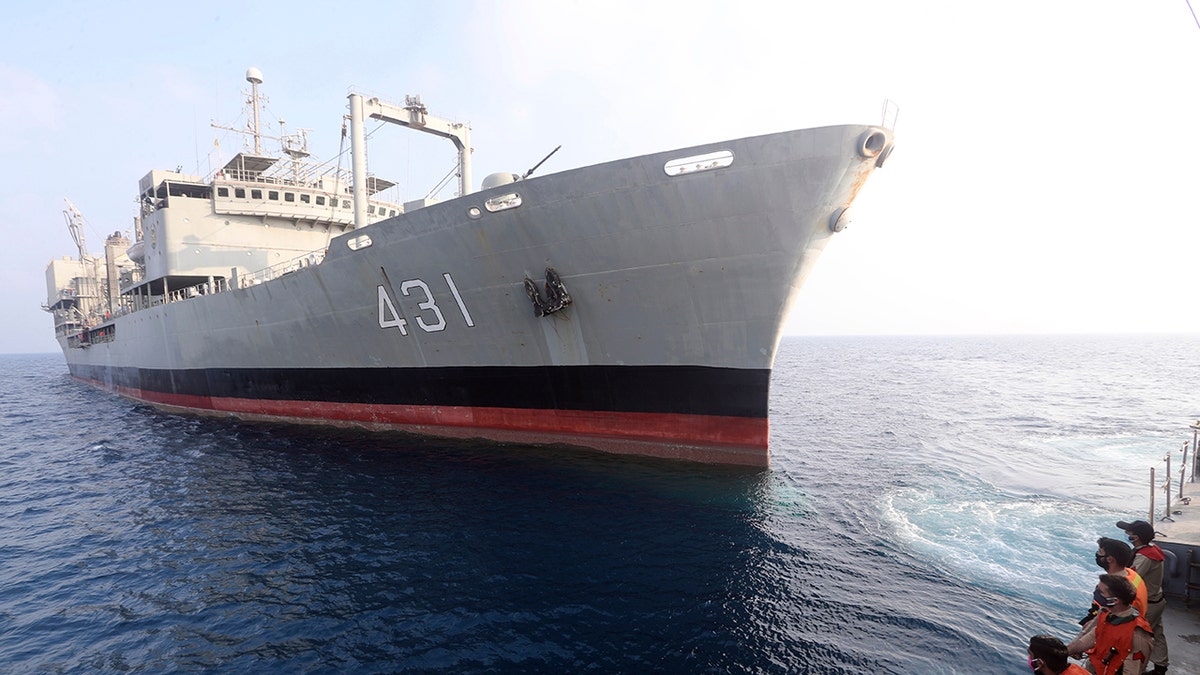 This undated photo provided by the Iranian army shows navy's support ship Kharg. Kharg, the largest warship in the Iranian navy caught fire and later sank Wednesday, June 2, 2021 in the Gulf of Oman under unclear circumstances, semiofficial news agencies reported. (Iranian army via AP)