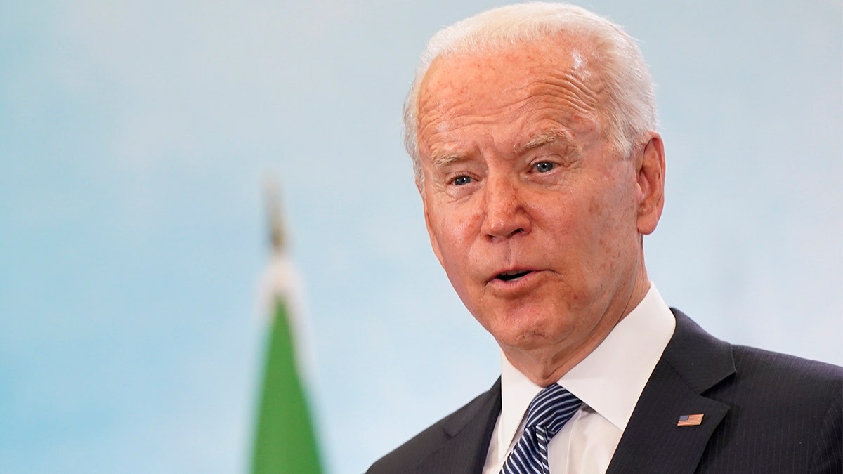 President Biden speaks during a news conference after attending the G-7 summit, Sunday, June 13, 2021, at Cornwall Airport in Newquay, England.