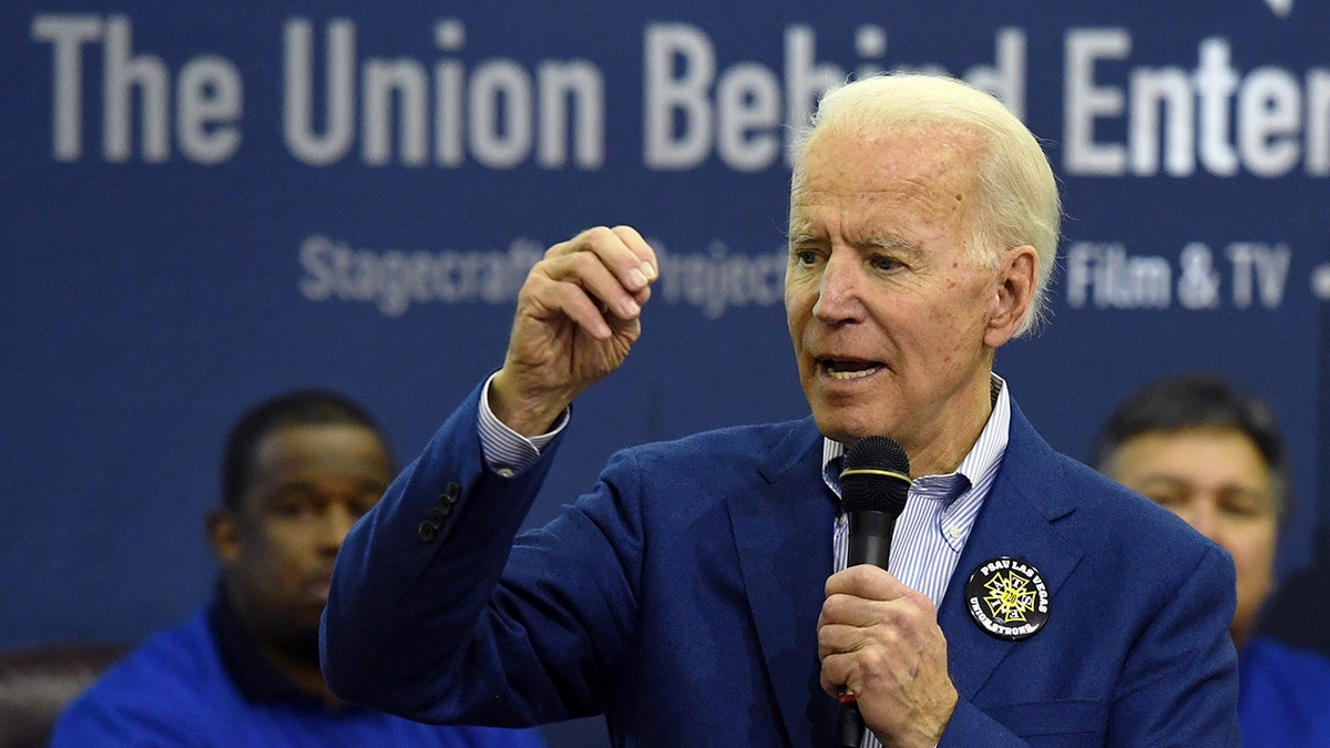 LAS VEGAS, NEVADA - FEBRUARY 21: ?Then Democratic presidential candidate Joe Biden speaks before a training session for precinct captains at the International Alliance of Theatrical Stage Employees on February 21, 2020 in Las Vegas, Nevada. Biden's close ties with unions are now under scrutiny by Republicans. ?(Photo by Ethan Miller/Getty Images)