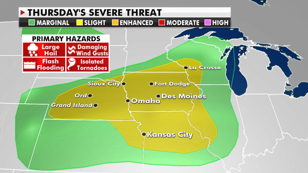 The severe weather will shift and grow on Thursday to include portions of Nebraska, Iowa, Missouri, Wisconsin and Illinois. 