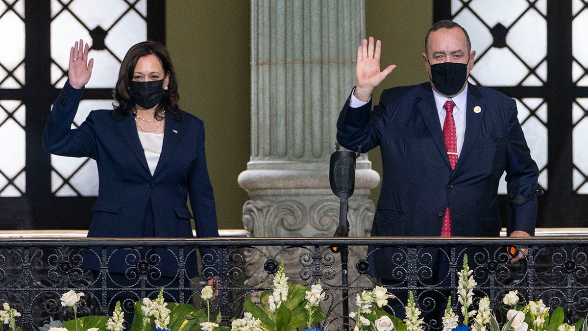 Vice President Kamala Harris and Guatemalan President Alejandro Giammattei are seen at the National Palace in Guatemala City, June 7, 2021.