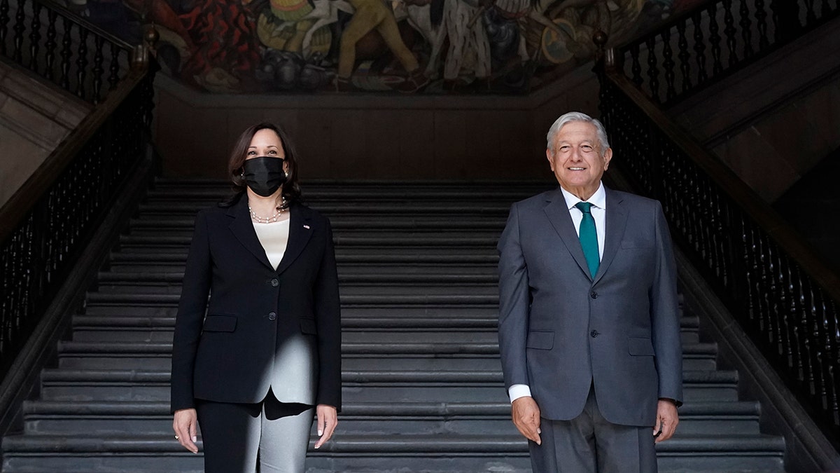 Vice President Harris smiles with Mexican President Obrador