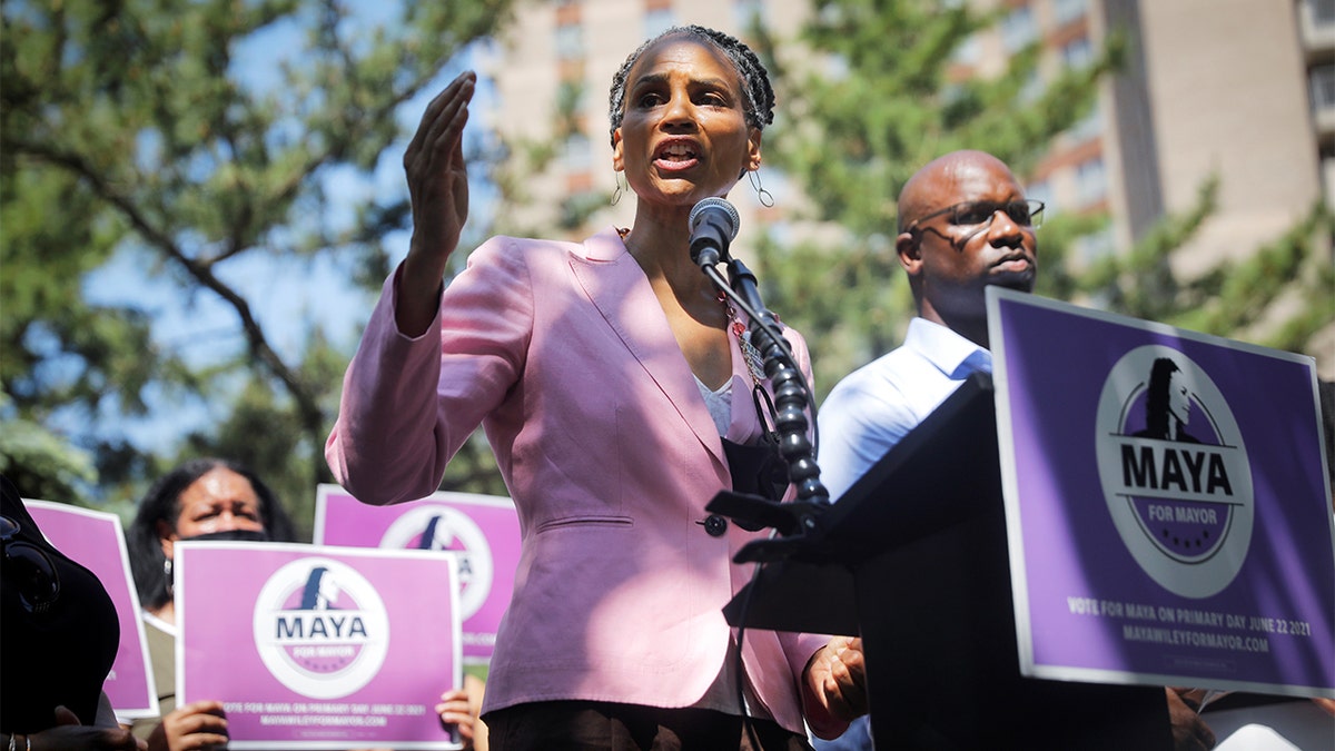 Democratic candidate for New York City Mayor Maya Wiley speaks while campaigning with U.S. Representative Jamaal Bowman (D-NY) (right) at the Co-op City housing complex in the Bronx borough of New York City, New York, U.S., June 7, 2021. REUTERS/Mike Segar