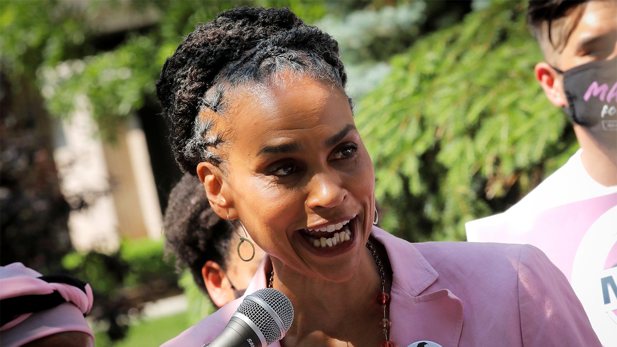 Democratic candidate for New York City Mayor Maya Wiley speaks to voters and media while campaigning at the Co-op City housing complex in the Bronx borough of New York City, New York, U.S., June 7, 2021. REUTERS/Mike Segar