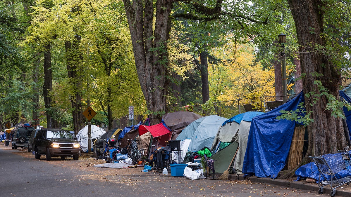 Tents line walkway in Portland, Oregon