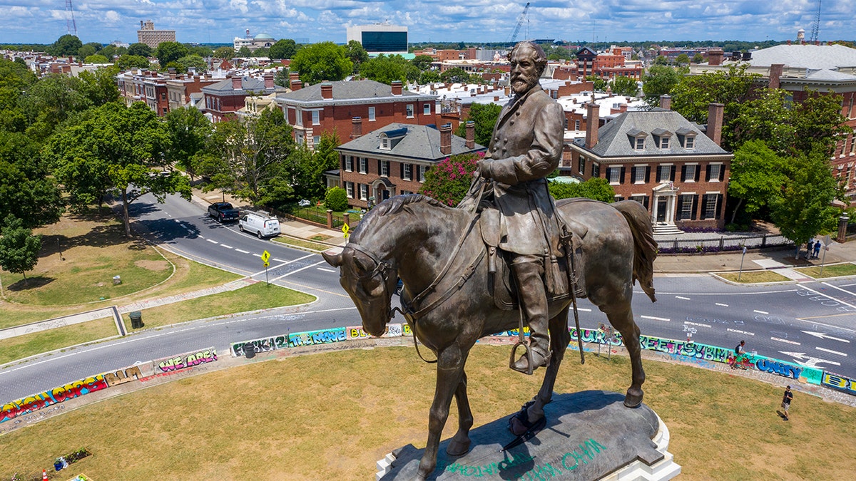 The statue of Confederate General Robert E. Lee on Monument Avenue in Richmond, Virginia, on July 10, 2020.