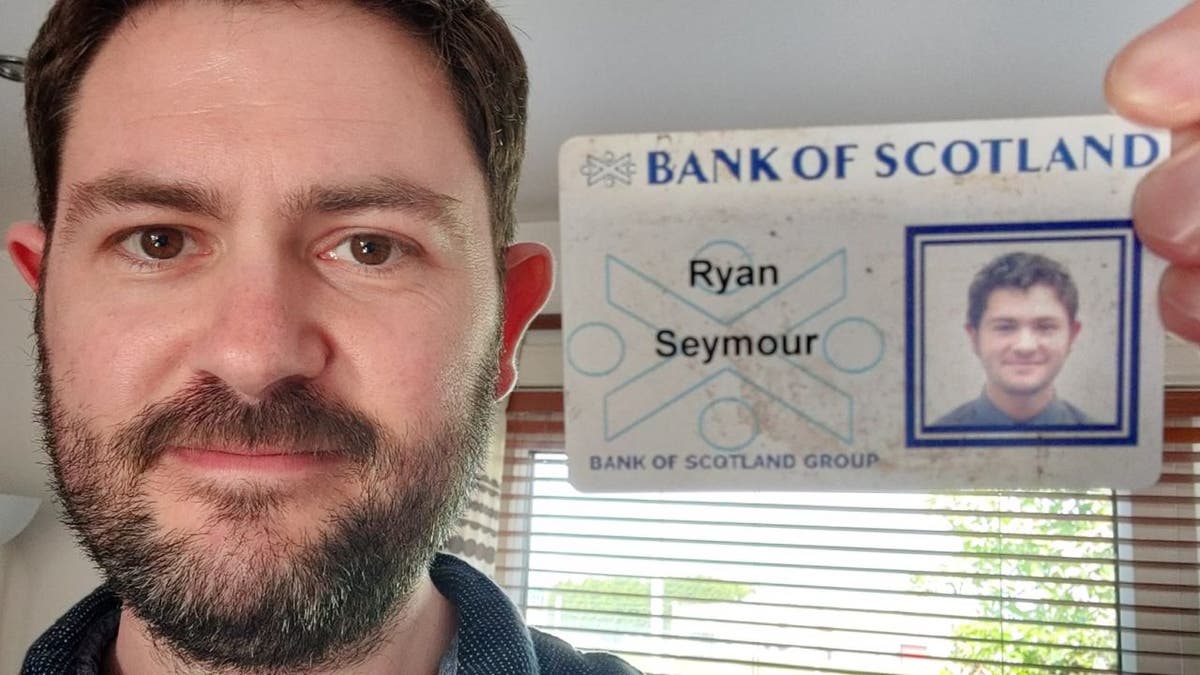 Ryan Seymour, 37, poses beside his younger self with his old Bank of Scotland ID card. The card was lost 20 years ago when Seymour's wallet was stolen in a pub bathroom. (Ryan Seymour)