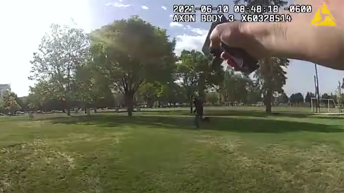 With the knife in his hand, Yahya is seen sprinting at one of the officers in this screengrab from bodycam video.