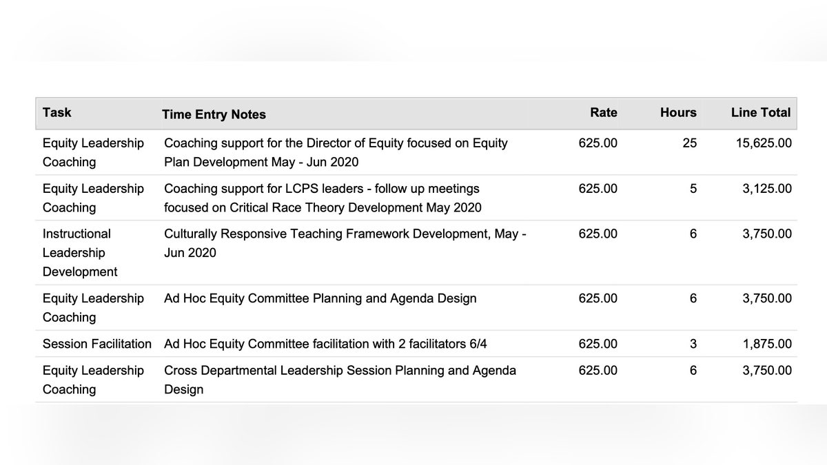 Invoice showing the Equity Collaborative billing Loudoun County Public Schools for "follow up meetings focused on Critical Race Theory Development."