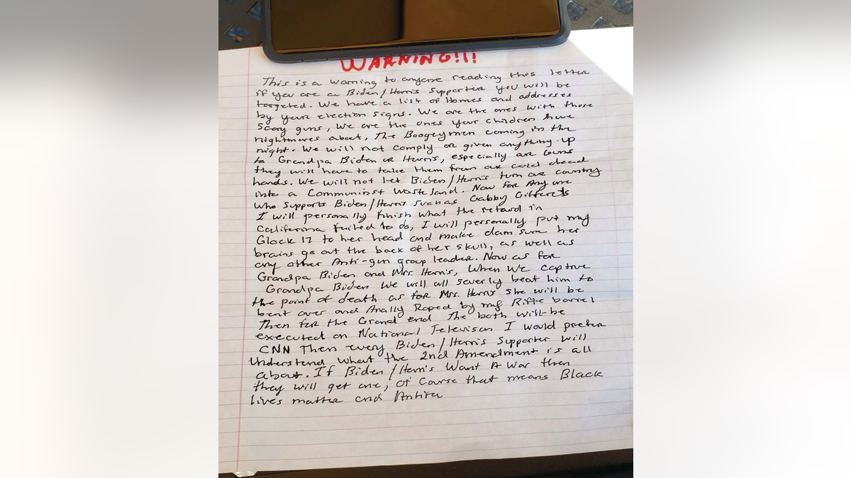 James Dale Reed left this threatening letter on the doorstep of a Biden-Harris supporter in October. 