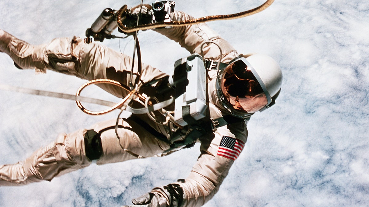 The first spacewalk in US history was made by astronaut Edward H. White during the Gemini 4 mission, on June 3, 1965. (Photo by Jim McDivitt/NASA/Roger Ressmeyer/Corbis/VCG via Getty Images)