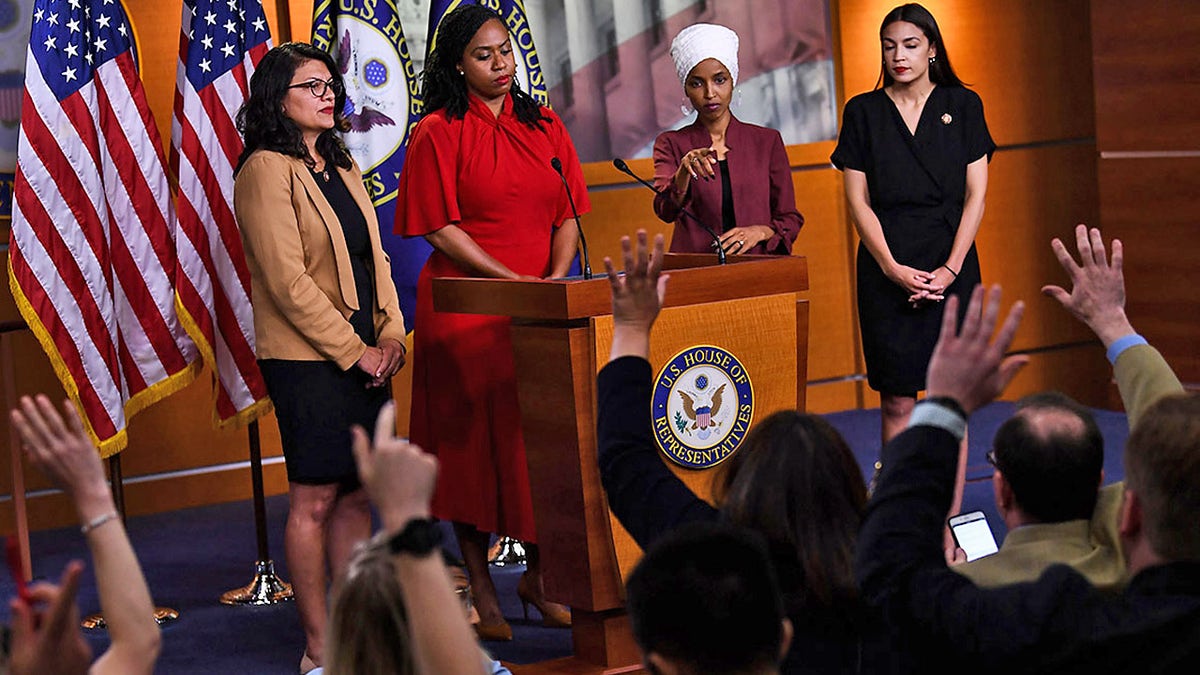 US Representatives Ayanna Pressley (D-MA), Ilhan Omar (D-MN)(2R), Rashida Tlaib (D-MI) (L), and Alexandria Ocasio-Cortez (D-NY) (R) hold a press conference, to address remarks made by US President Donald Trump earlier in the day, at the US Capitol in Washington, DC on July 15, 2019. - President Donald Trump stepped up his attacks on four progressive Democratic congresswomen, saying if they're not happy in the United States "they can leave."