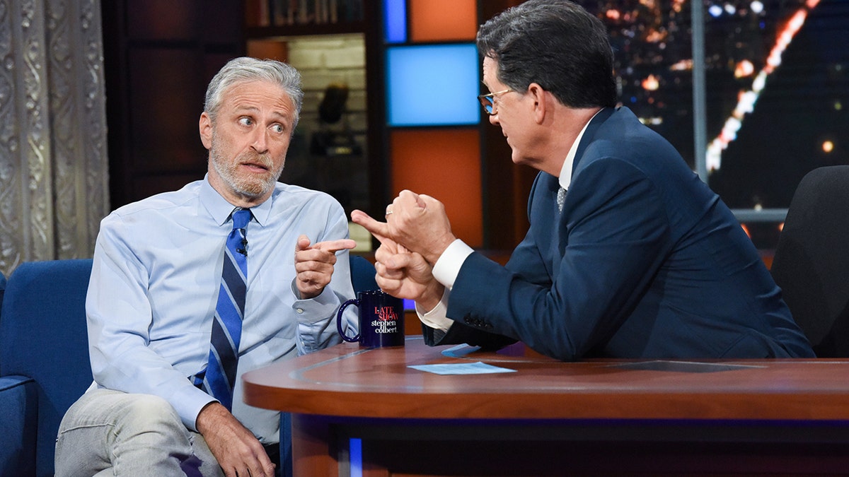 Jon Stewart with Stephen Colbert