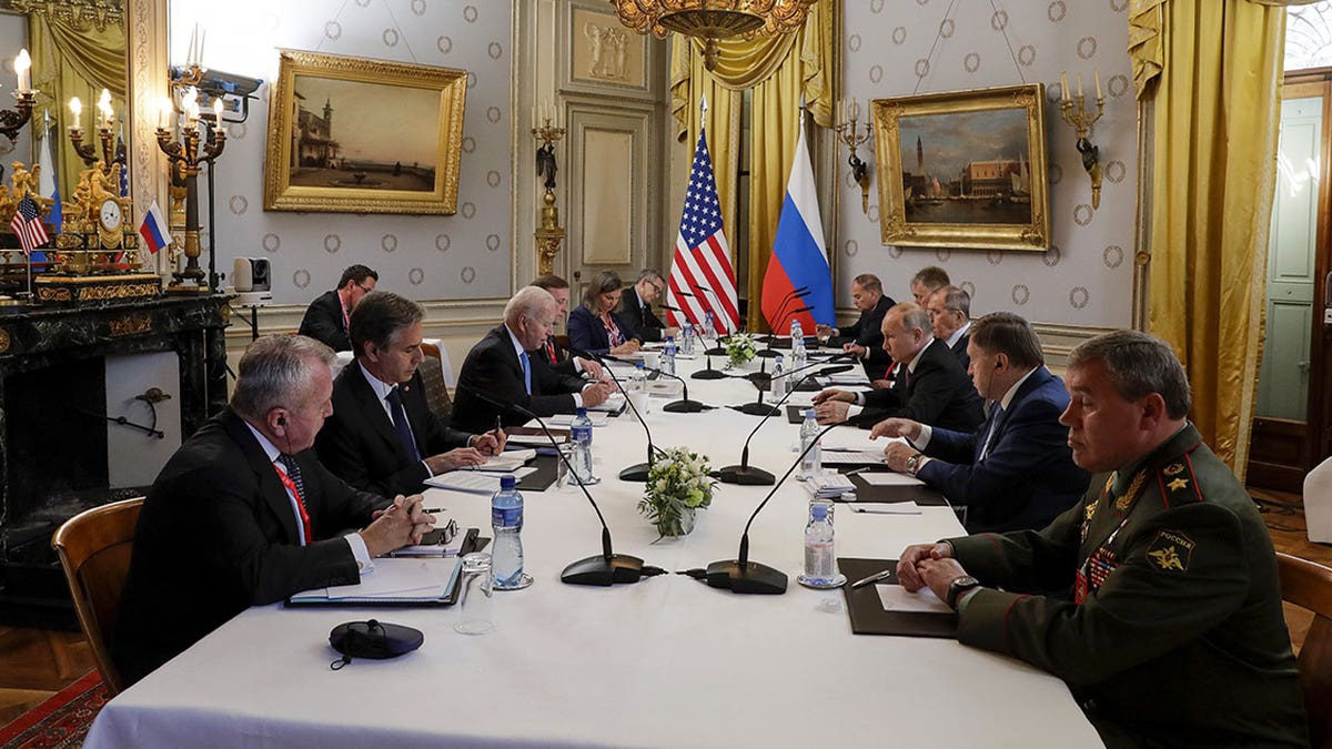 GENEVA, SWITZERLAND – JUNE 16, 2021: US President Joe Biden (3rd L) and Russia's President Vladimir Putin (3rd R) meet for talks at the Villa La Grange. Mikhail Metzel/TASS.No use Russia.