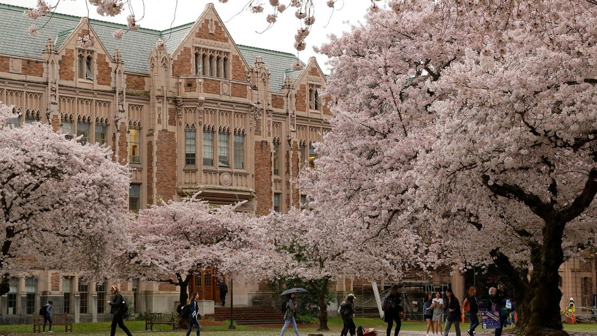 FILE - In this April 3, 2019, file photo, students walk between classes on the University of Washington campus in Seattle. (AP Photo/Ted S. Warren, File)