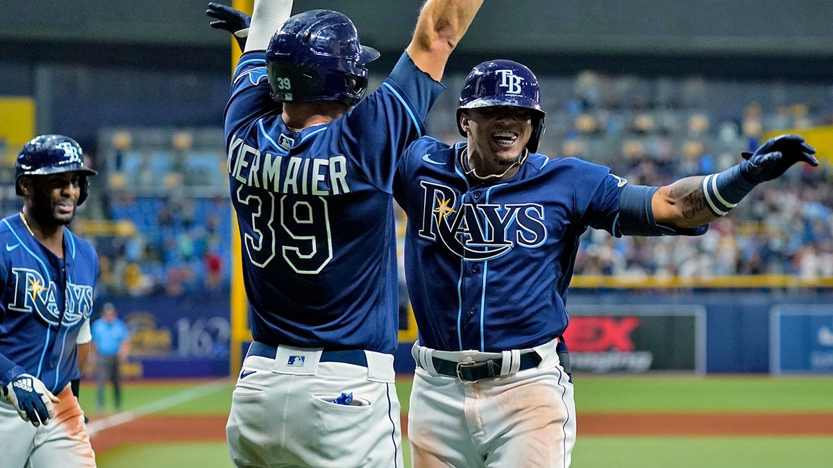 Tampa Bay Rays' Wander Franco celebrates his three-run homer against the Boston Red Sox on June 22, 2021, in St. Petersburg, Florida. (AP Photo/Chris O'Meara)