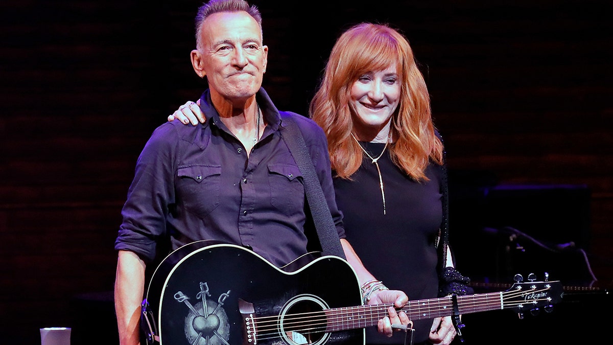Bruce Springsteen and Patti Scialfa take a bow during reopening night of "Springsteen on Broadway" for a full-capacity, vaccinated audience at St. James Theatre on June 26, 2021 in New York City.