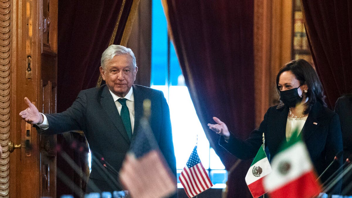 June 8, 2021: Vice President Kamala Harris and Mexican President Andres Manuel Lopez Obrador arrive for a bilateral meeting at the National Palace in Mexico City. (AP Photo/Jacquelyn Martin)