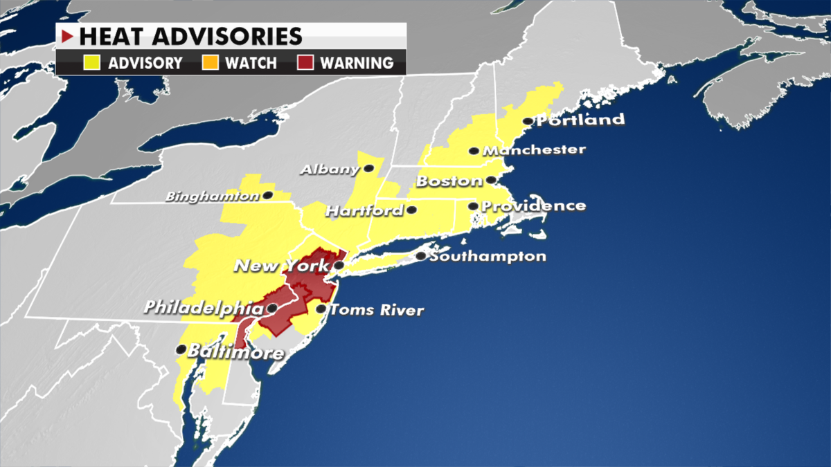 Heat warnings and advisories currently in effect in the Northeast. (Fox News)