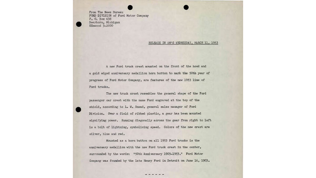 Ford issued a press release in 1953 announcing the 50th anniversary badge.