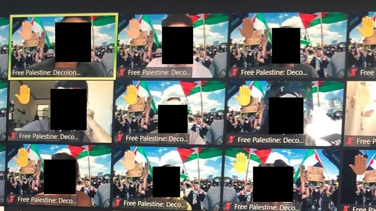 Screenshot taken from a video of the Practice Lab lecture on May 20 provided to Fox News. Students' faces have been blocked out. The users changed their names on Zoom to "Free Palestine: Decolonize"