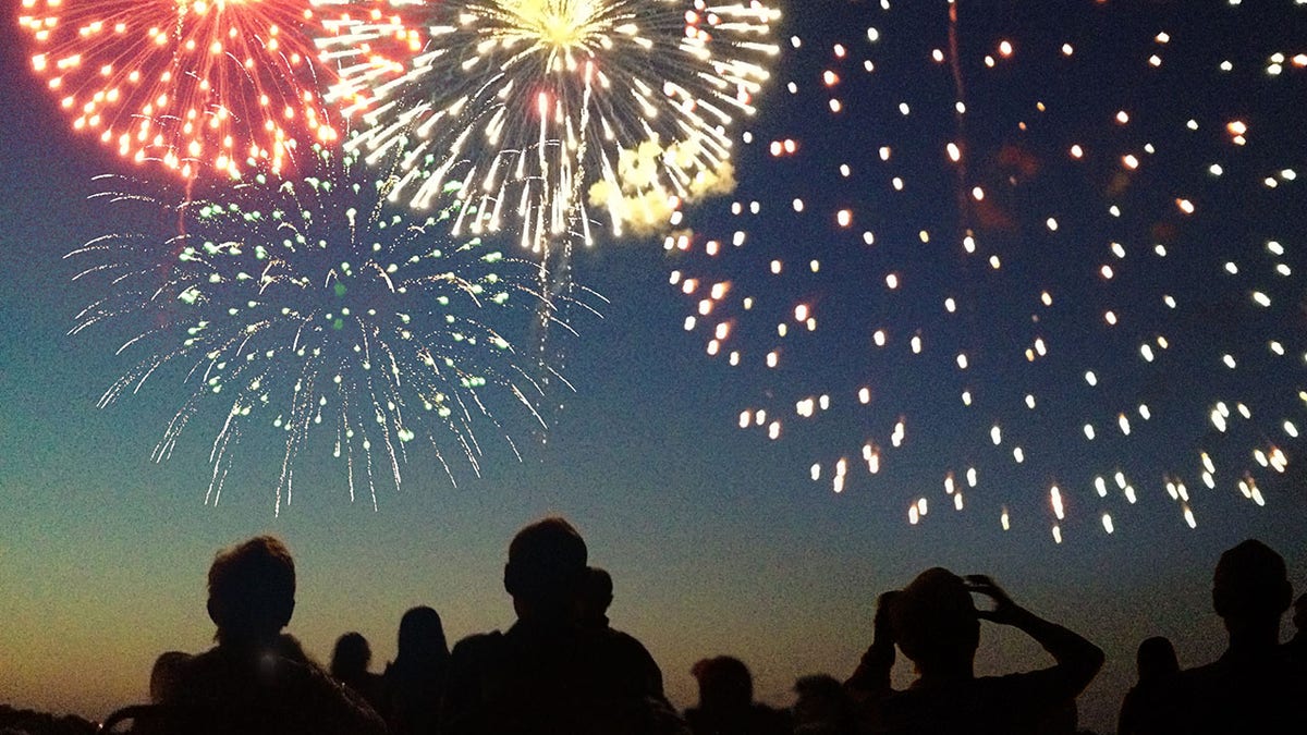Fourth of July Fireworks Exploding Over Celebrating Spectators in Silhouette
