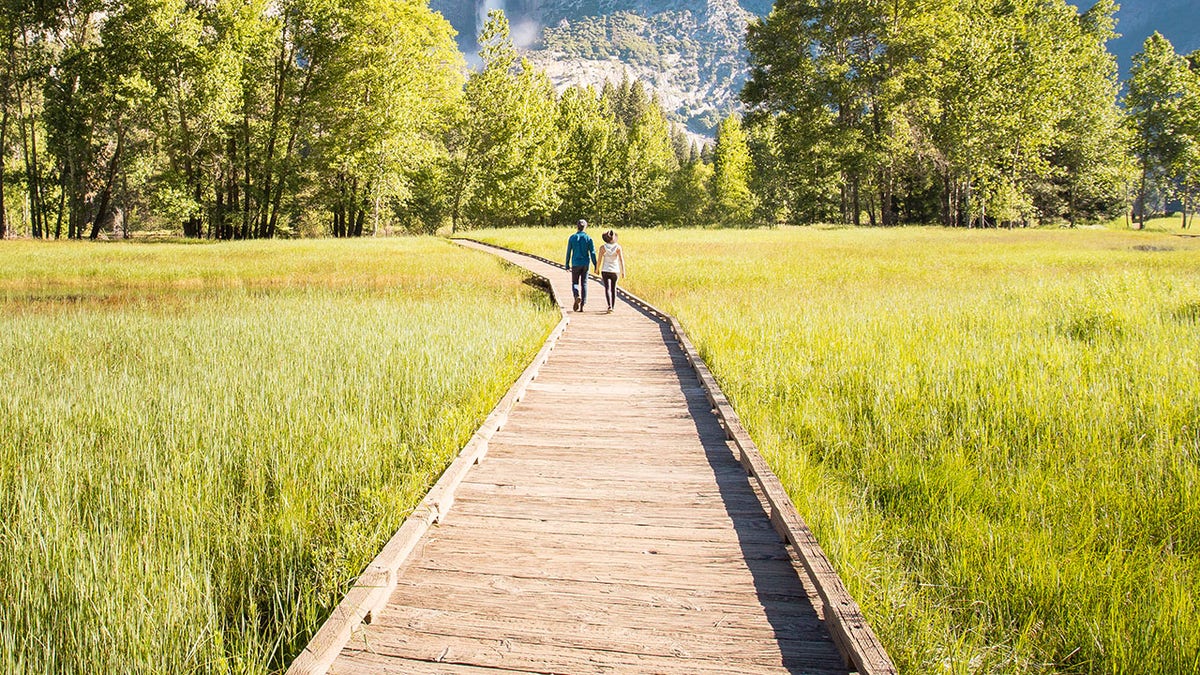 Sentinel Meadow boardwalk and view of Yosemite Falls