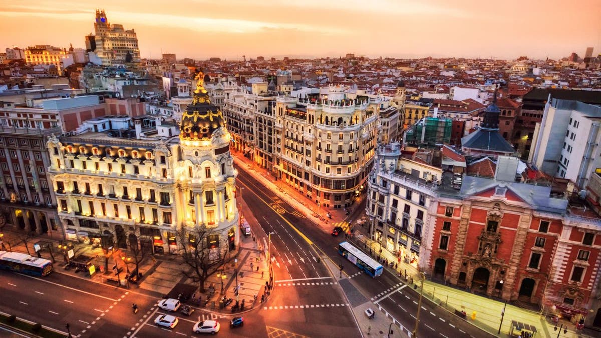 Aerial view of Madrid, Spain in the evening