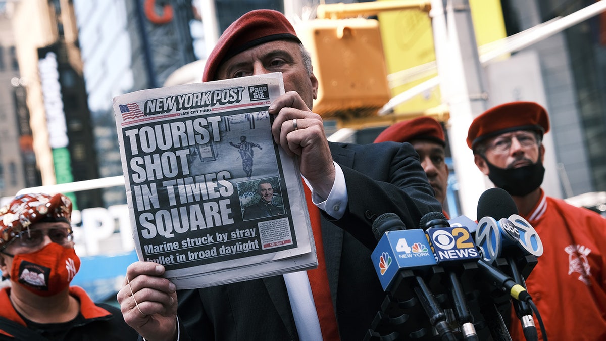 New York City Republican mayoral candidate Curtis Sliwa speaks to the media in Times Square following another daytime shooting yesterday in the popular tourist destination on June 28, 2021 in New York City. Sliwa and Democrat Eric Adams are both running on a "tough on crime" platform as New York City, like other big cities, is witnessing a surge in violent crimes. (Photo by Spencer Platt/Getty Images)