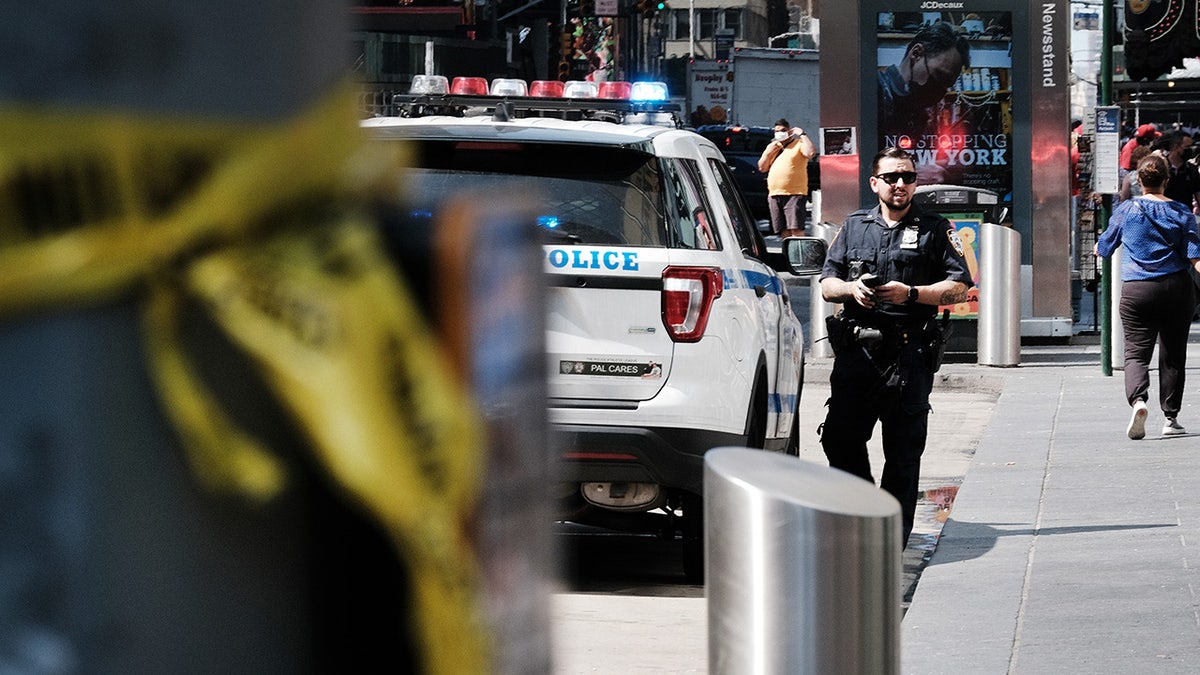 Police patrol in Times Square following another daytime shooting in the popular tourist destination on June 28, 2021 in New York City.