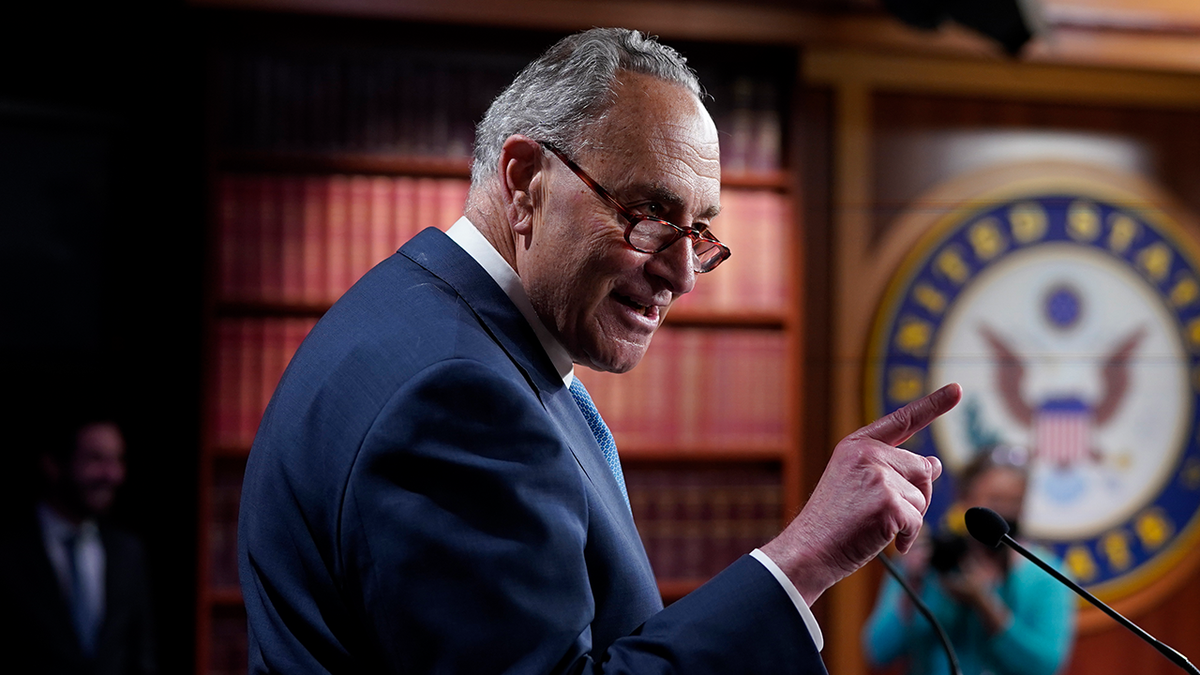 Senate Majority Leader Chuck Schumer, D-N.Y., speaks to reporters after final votes going into the Memorial Day recess, at the Capitol in Washington, Friday, May 28, 2021.