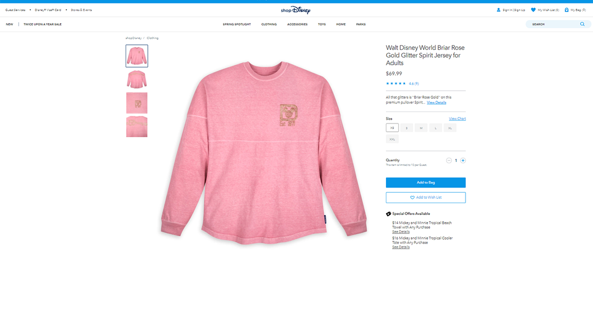 A shopDisney.com listing shows the Walt Disney World Briar Rose Gold Glitter Spirit Jersey for Adults retails for $69.99. (shopDisney)